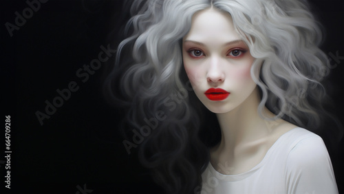 Illustration of a platinum blond with extremely pale skin posing against a black background. Room for copy. 