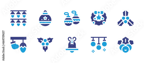 Christmas decoration icon set. Duotone color. Vector illustration. Containing christmas ball, christmas wreath, mistletoe, decoration, christmas balls, christmas bell, lights, garlands.
