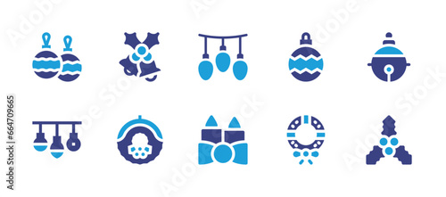Christmas decoration icon set. Duotone color. Vector illustration. Containing christmas wreath  bells  bauble  light bulb  jingle bell  lights  candles  mistletoe.