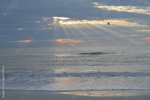 Ocean, sky, clouds, sunset, rays