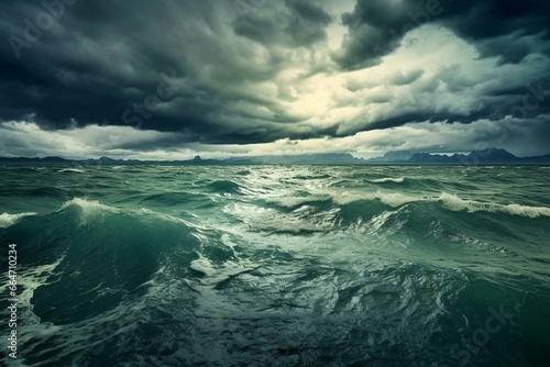 A captivating landscape showing dark clouds above the vast sea, indicating an impending storm and unfavorable weather conditions. The image has a wide format. Generative AI