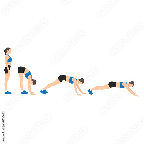 Woman Doing Inchworm Walking Exercise Fitness Home Workout Guidance. Flat vector illustration isolated on white background