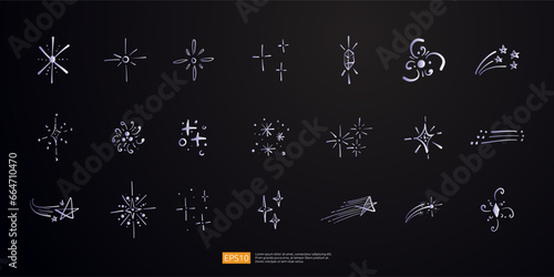 Line glitter stars silhouette doodle hand drawn vector collection set. Firework sparkle light shine icons. Decoration flash magic flicker symbol isolated on black background