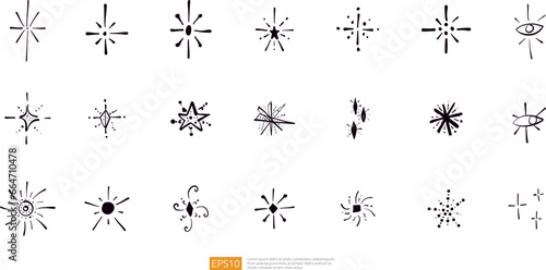 Line glitter stars silhouette doodle hand drawn vector collection set. Firework sparkle light shine icons. Decoration flash magic flicker symbol isolated on white background