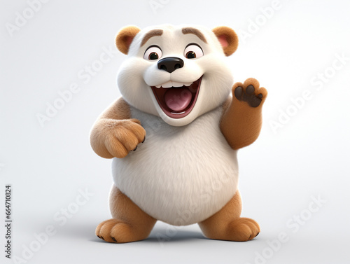 A 3D Cartoon Bear Laughing and Happy on a Solid Background