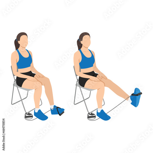 Woman doing Resistance band seated leg extensions exercise. Flat vector illustration isolated on white background