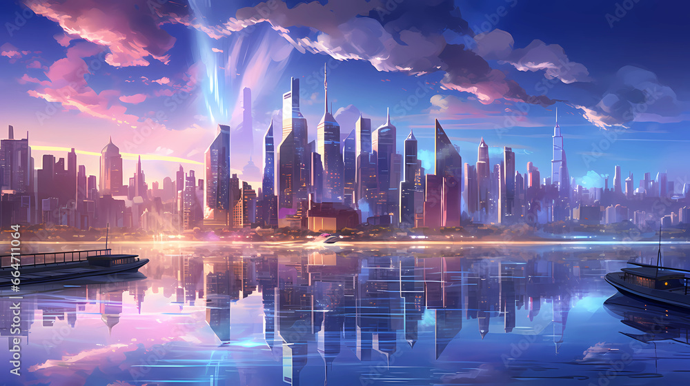 city surrounded by a shimmering body of water