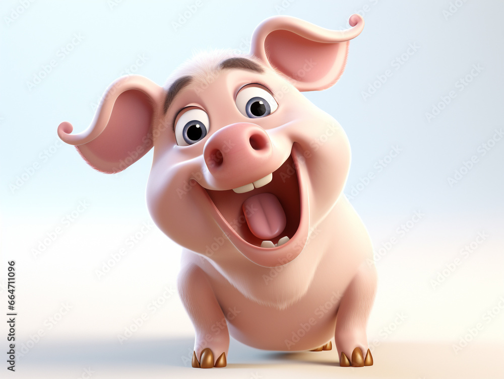 A 3D Cartoon Pig Laughing and Happy on a Solid Background A 3D Cartoon Pig Laughing and Happy on a Solid Background