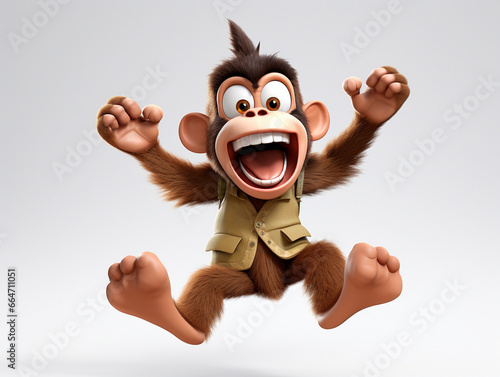 A 3D Cartoon Monkey Laughing and Happy on a Solid Background