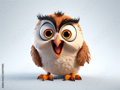 A 3D Cartoon Owl Laughing and Happy on a Solid Background