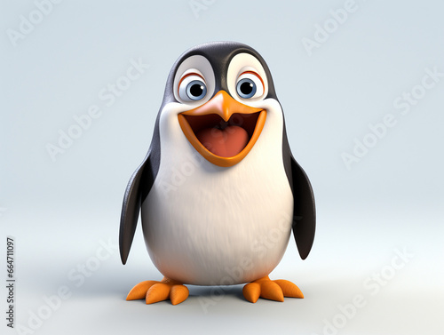 A 3D Cartoon Penguin Laughing and Happy on a Solid Background