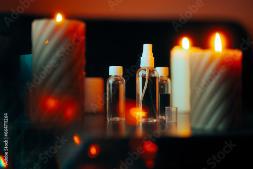 Cosmetic Products Sitting on a Tablet Next to Candles. Set of essential oils in aroma therapy beauty concept image 