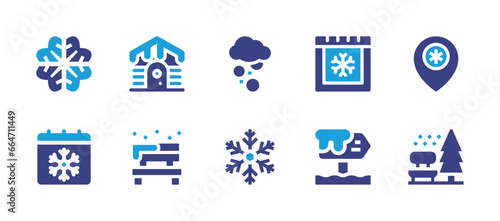 Snow icon set. Duotone color. Vector illustration. Containing snow, snowflake, cabin, location, bench, calendar, road sign, winter.