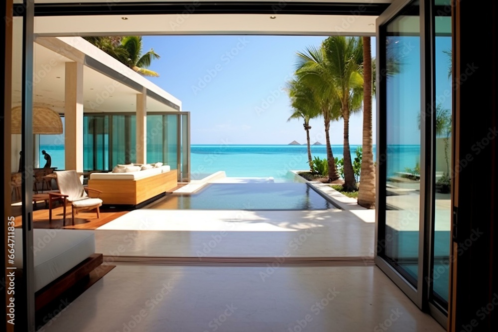 Modern oceanfront villa with sleek sliding doors leading to an elegant patio. Generative AI