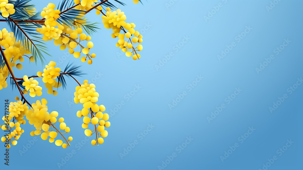 Blue banner with mimosa branch for spring holidays on blu background