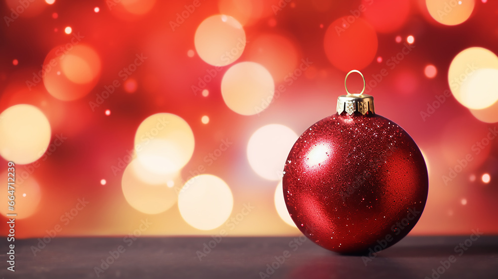 Christmas background with red bauble over magic bokeh background with light Christmas background with red bauble over magic bokeh background with light