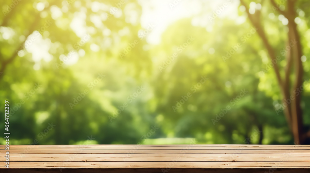 simple design background with empty wood table top and blurred green tree in the garden simple design background with empty wood table top and blurred green tree in the garden