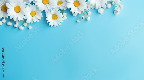 simple background design with chamomiles frame and copy space with blight blue background