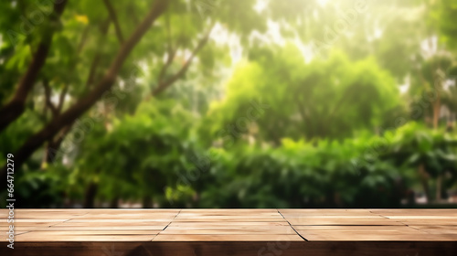 simple design background with empty wood table top and blurred green tree