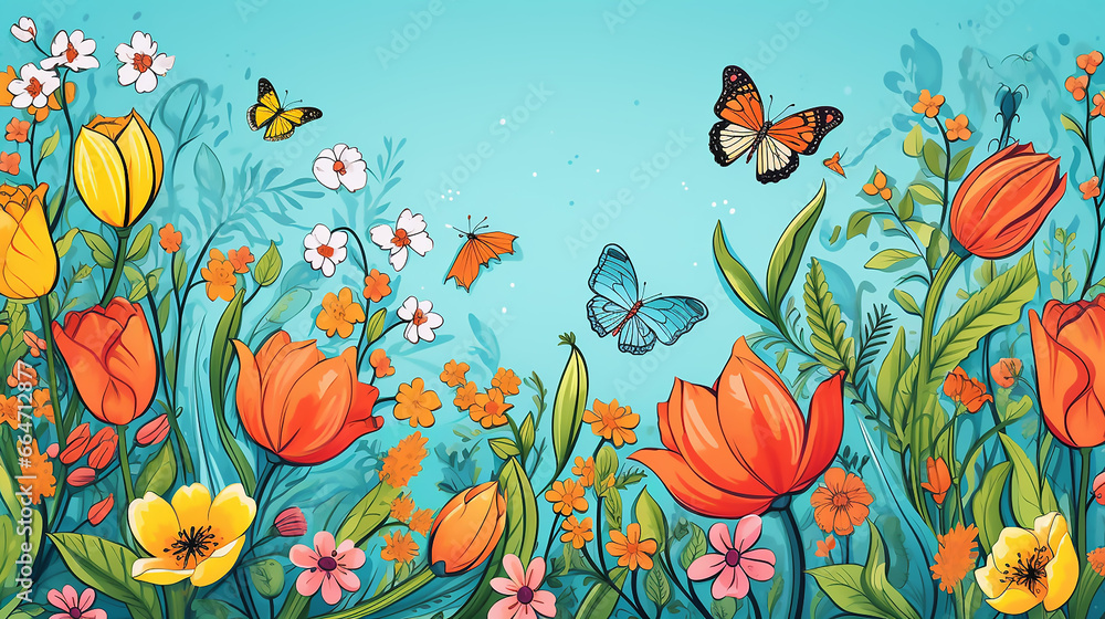 Spring doodles background spring background flowers with butterfly