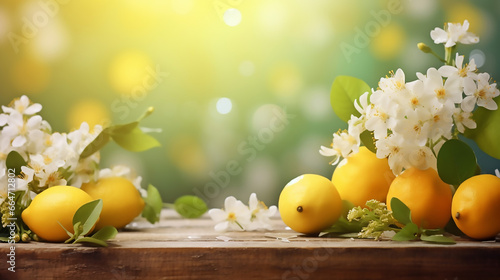 simple spring background with fruit flowers on wooden table spring bokeh background