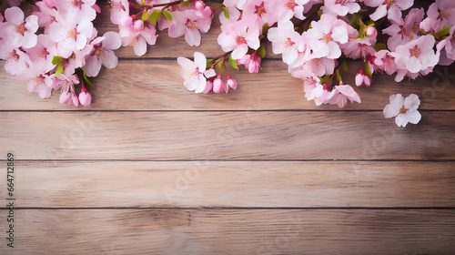 spring background design with spring display pink blossom on wooden table.