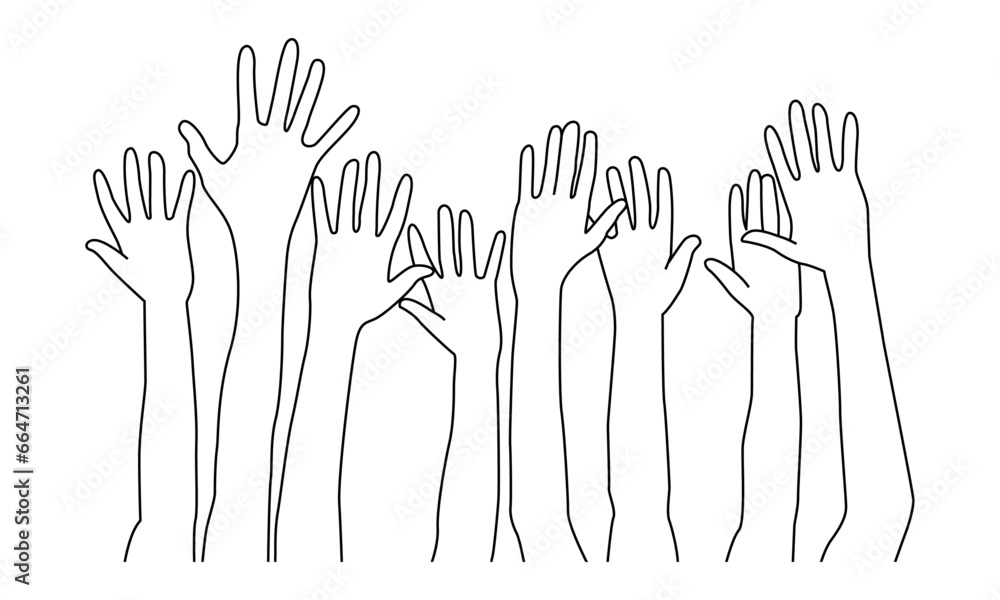 Shot of a group of hands reaching up against line art vector. Shot of a group of hands reaching up against line art vector.