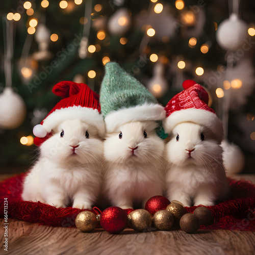 Three cute rabbits wearing fur hats for Christmas