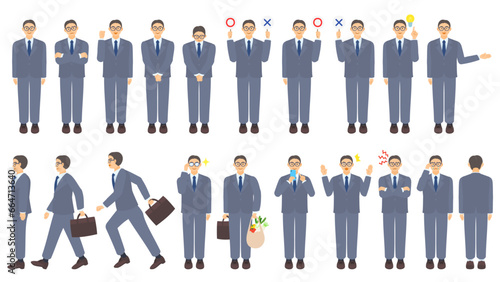 中年男性会社員。様々な表情や動作。フラットなベクターイラストセット。 Middle-aged male office worker. Various expressions and motions. Flat designed vector illustration set.