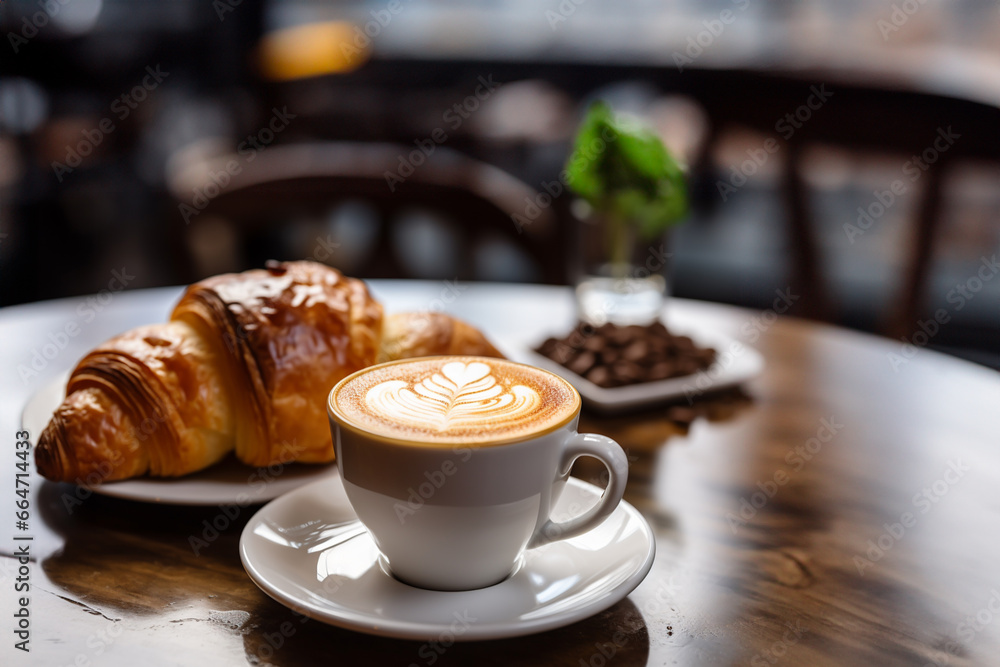 croissant served with latte on a blurred cafe background - obrazy, fototapety, plakaty 