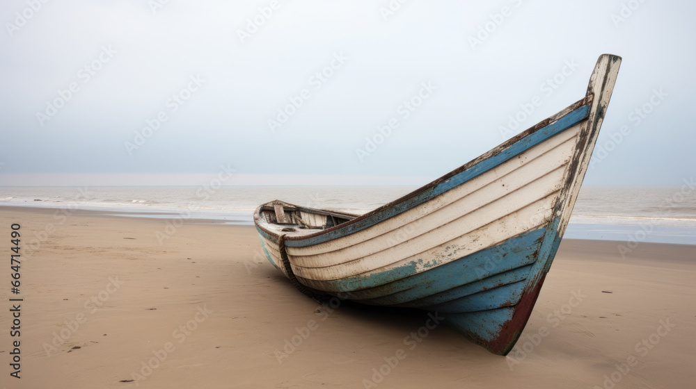 A white boat with blue stripes on a sandy beach, weathered, ocean, foggy, lonely