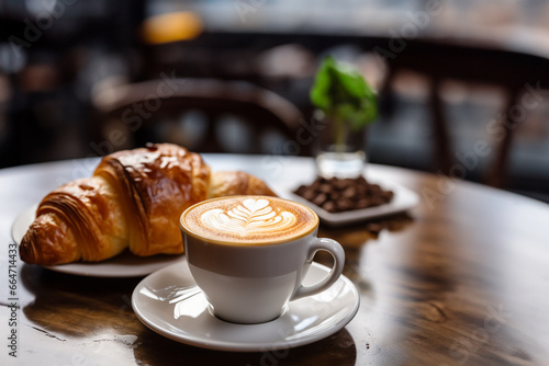 croissant served with latte on a blurred cafe background