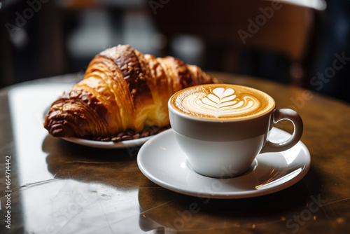 croissant served with latte on a blurred cafe background