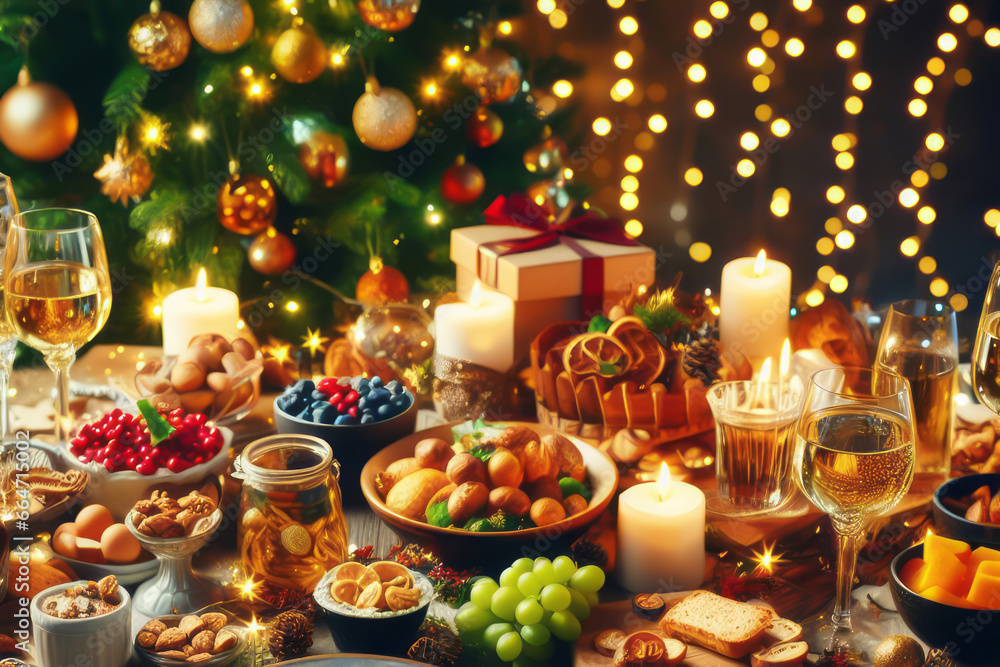 Christmas Dinner table full of dishes with food and snacks, New Year's decor with a Christmas tree on the background