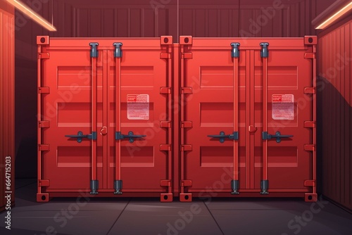 Illustration of storage transportation containers. Red cargo with closed doors. Generative AI