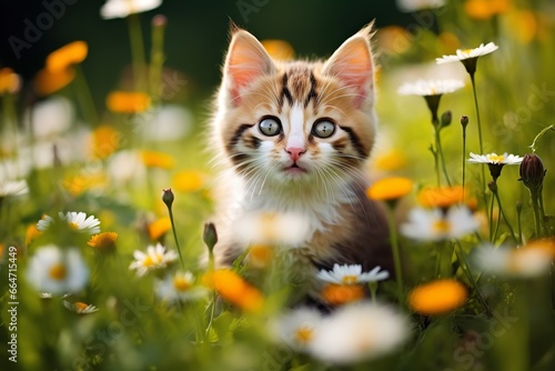 Kitten sitting in a field of daisies, possibly a tabby, Munchkin, or Scottish Straight cat, yawning or smelling the flowers.