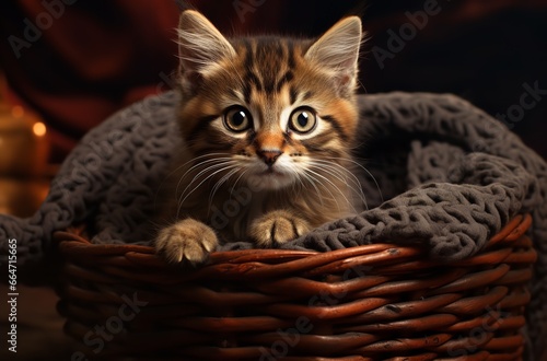 Kitten sitting in a wicker basket with a blanket, smiling at the camera.