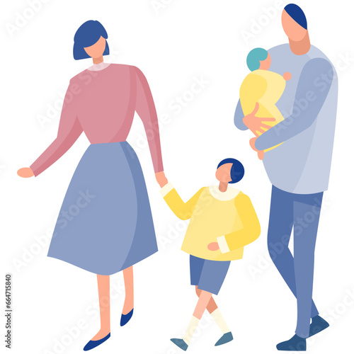 赤ちゃんを抱いた父親と子供の手をひく母親