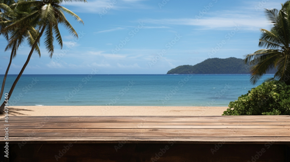 Wooden table against the backdrop of blue sea and palm trees in the South Pacific