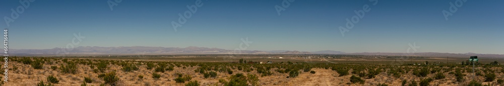 Panorama shot of desert bush with mountains and city in background in California, usa