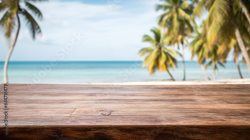 Wooden table against the backdrop of blue sea and palm trees in the South Pacific © 대연 김