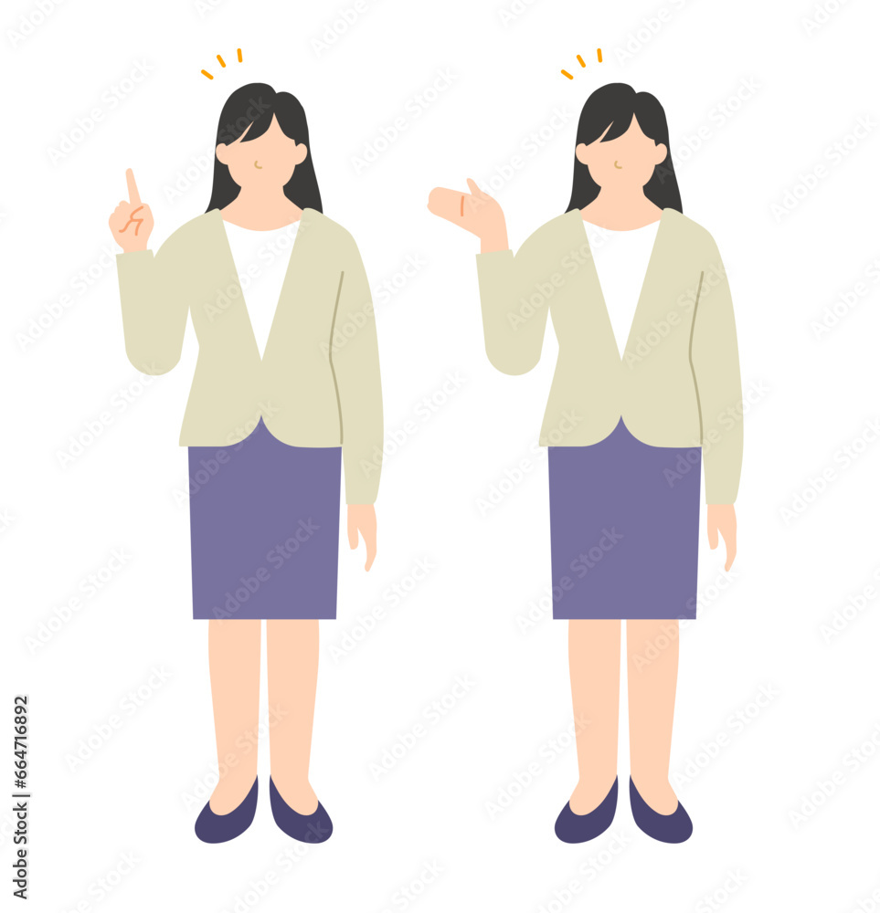 説明と案内をする女性のビジネスパーソンのフラットなイラスト 説明と案内をする女性のビジネスパーソンのフラットなイラスト