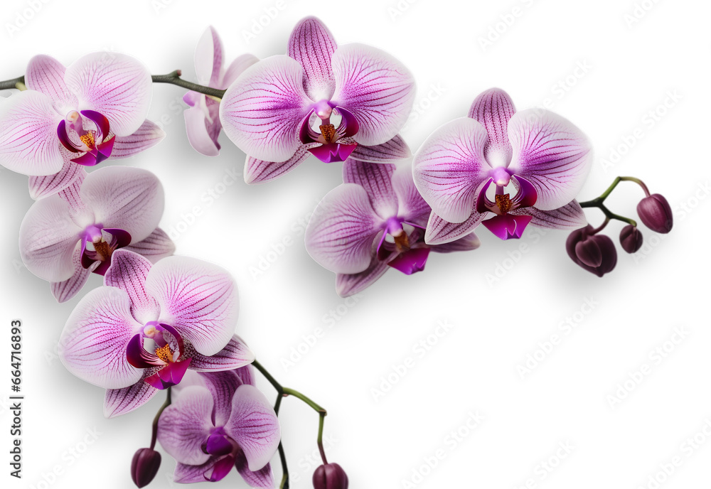Obraz premium Branch of beautiful light purple orchids on transparent background. close up, banner design