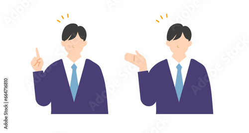 説明と案内をするスーツ姿のビジネスパーソンのフラットなイラスト