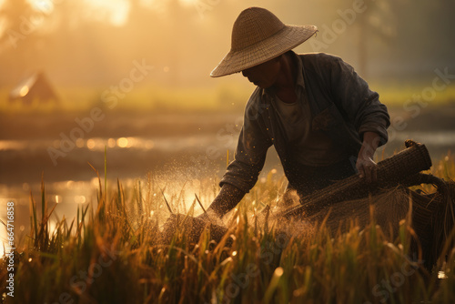 asian farmers working at rice farm fields and harvesting rice