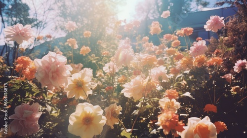 Nostalgic film photograph of everyday life from our childhood, flowers in the back yard, light leaks and old camera artifacts