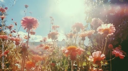 Nostalgic film photograph of everyday life from our childhood, flower patch, light leaks and old camera artifacts