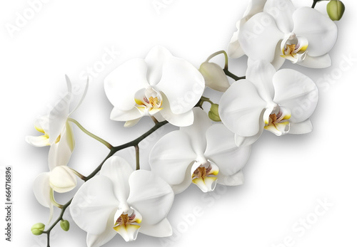 Branch of beautiful white orchids on transparent background. close up, banner design