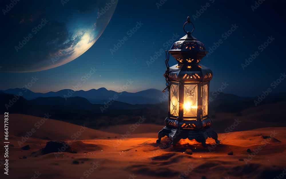 an arabian lantern with burning flame in the desert ai generative an arabian lantern with burning flame in the desert ai generative