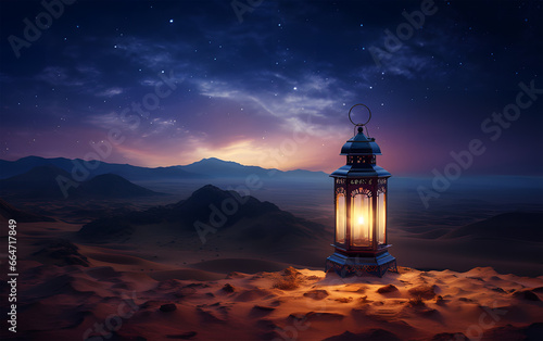 an arabian lantern with burning flame in the desert  ai generative
